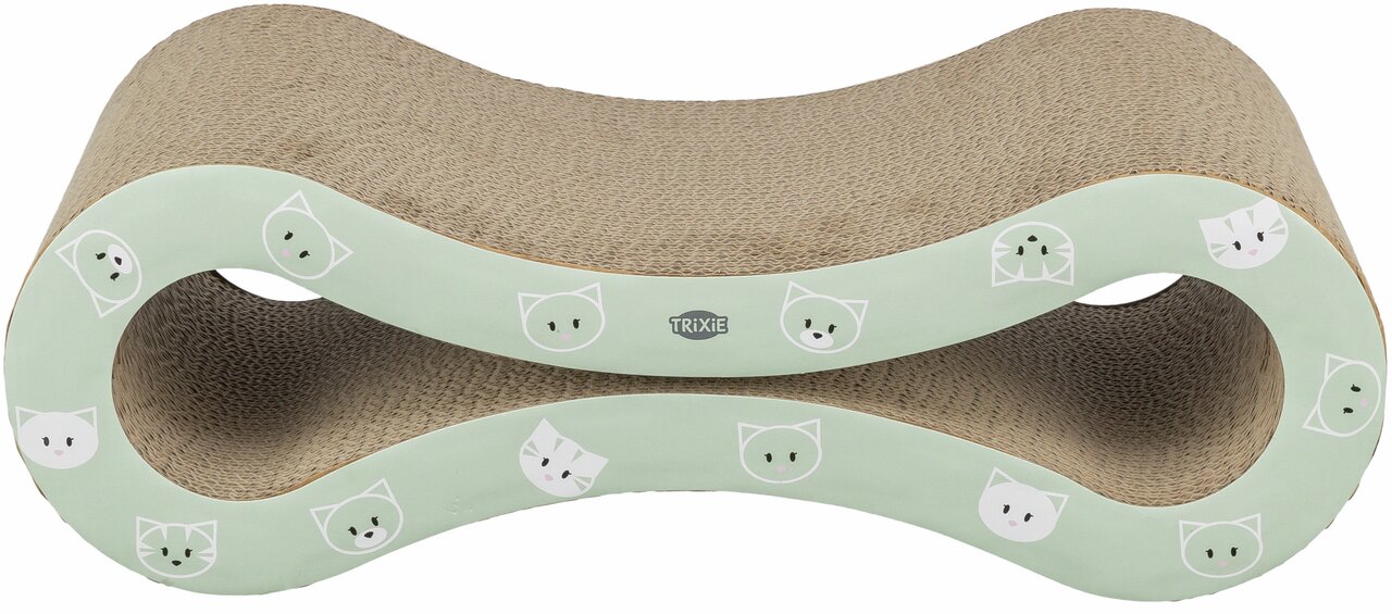 Kratzmöbel von TRIXIE für Katzen in Knochenform, ideal für die Krallenpflege. Zielgruppe: Katzen. Oberfläche aus Wellpappe, Rahmen in Grün mit niedlichen Katzenmotiven. Perfekt zum Kratzen, Spielen und Ausruhen. Maße und Menge auf dem Bild nicht erkennbar