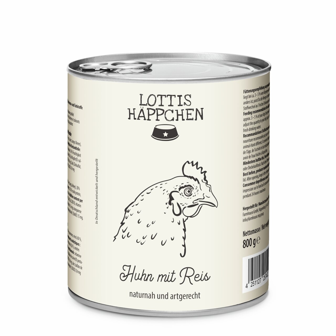 Hundefutter Lottis Häppchen Huhn mit Reis, naturbelassen, 800 g Dose, artgerecht, geeignet für Hunde aller Rassen.