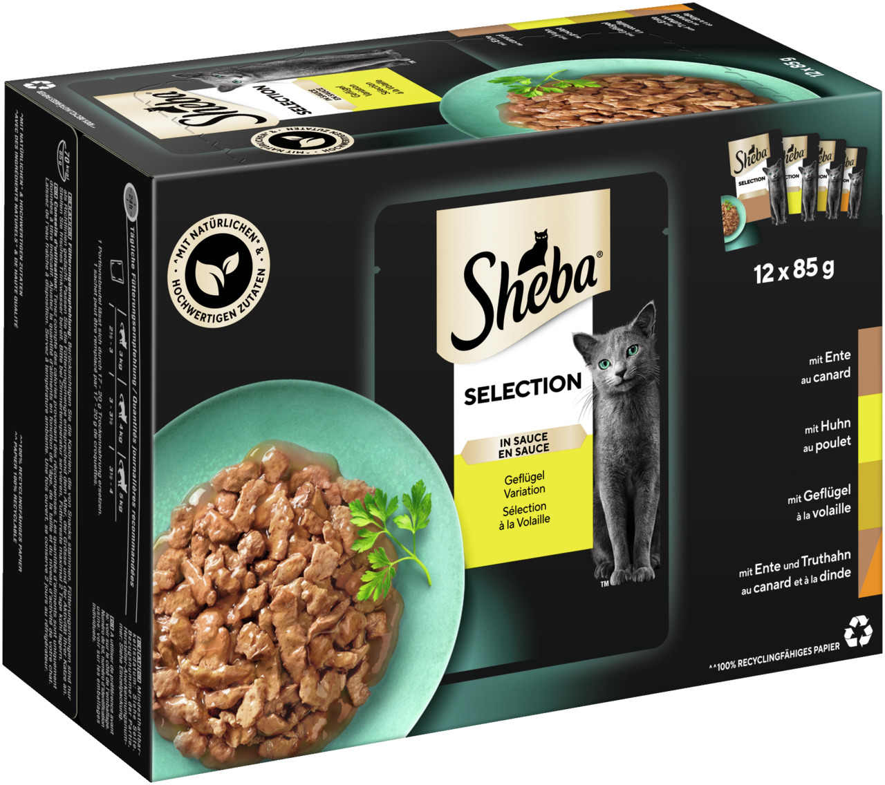 Sheba Selection in Sauce, Katzenfutter, Geflügel (Ente, Huhn, Truthahn), 12x85g, hochwertige Zutaten.