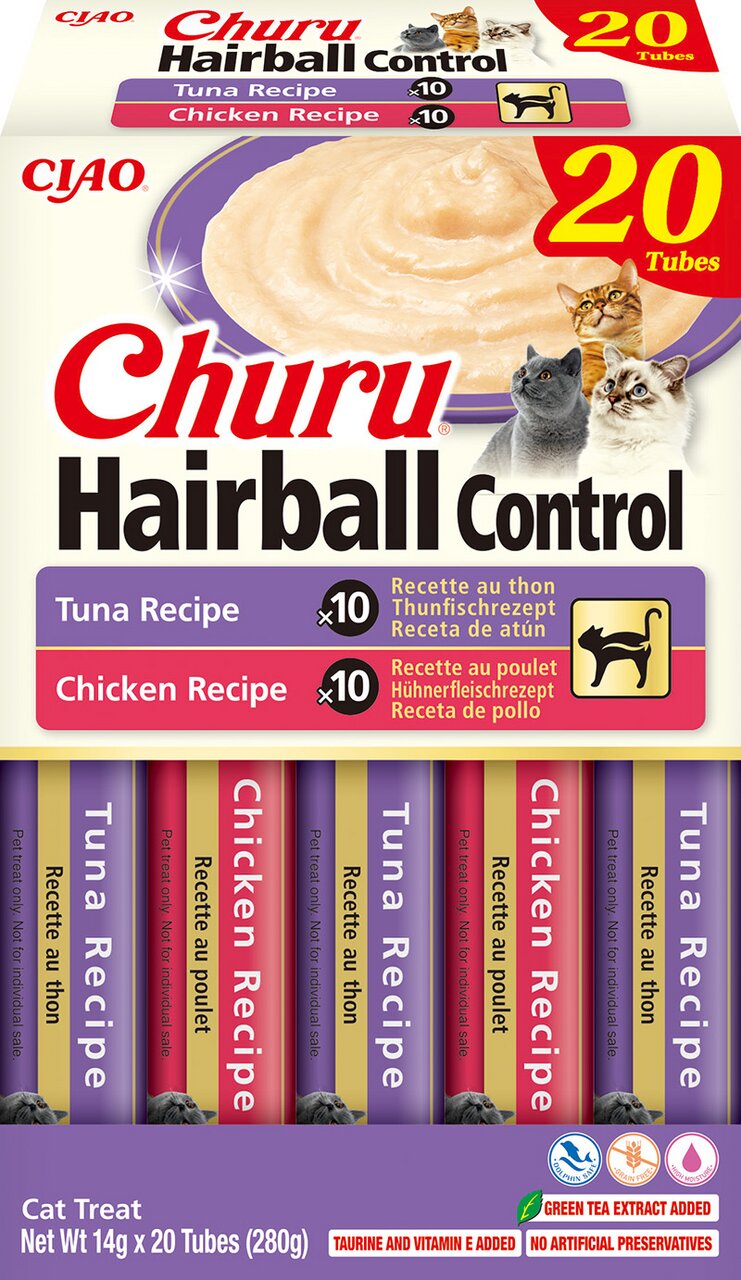 Churu Hairball Control, Thunfisch- und Huhn-Rezept, für Katzen, 20 Tuben à 14g (280g), mit Taurin und Grüntee-Extrakt.