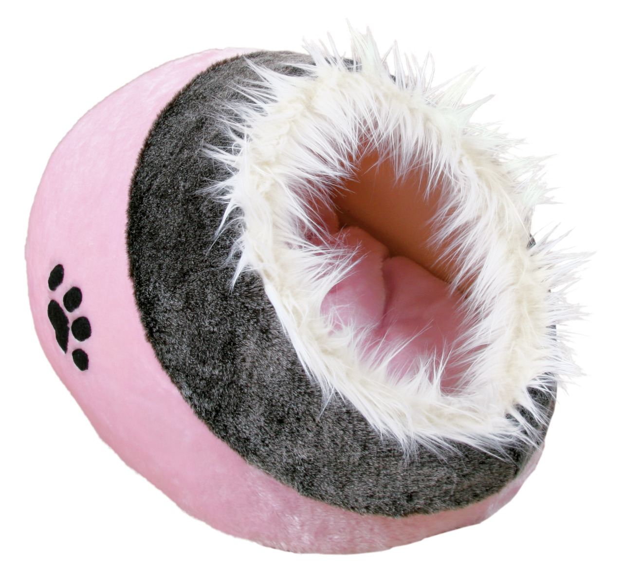 Das Bild zeigt das TRIXIE Kuschelbett für Katzen in Rosa und Grau mit einer weichen, plüschigen Oberfläche. Es ist speziell für Katzen als Rückzugsort konzipiert und bietet durch die flauschige Öffnung mit Kunstfellrand besonderen Komfort. Auf der Außense