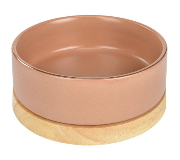 MORE Futternapf 4047777249269, für Hunde/Katzen, rosa Keramik, Holzsockel gegen Verrutschen, stilvoll & funktional.