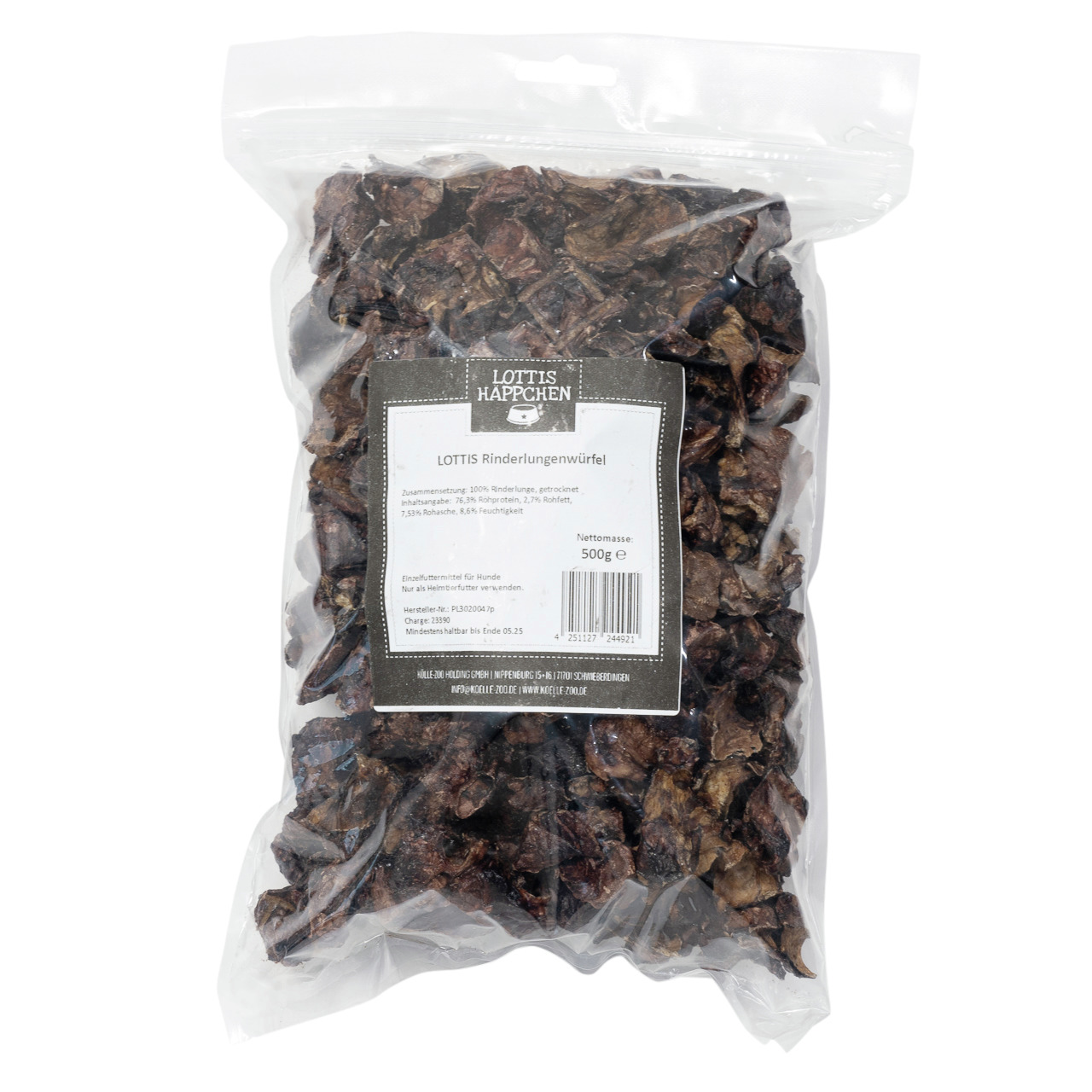 LOTTIS HÄPPCHEN Rinderlungenwürfel, 500 g, natürl. Hundesnack, 100 % Rinderlunge, Rind, ideal als Belohnung/Snack.