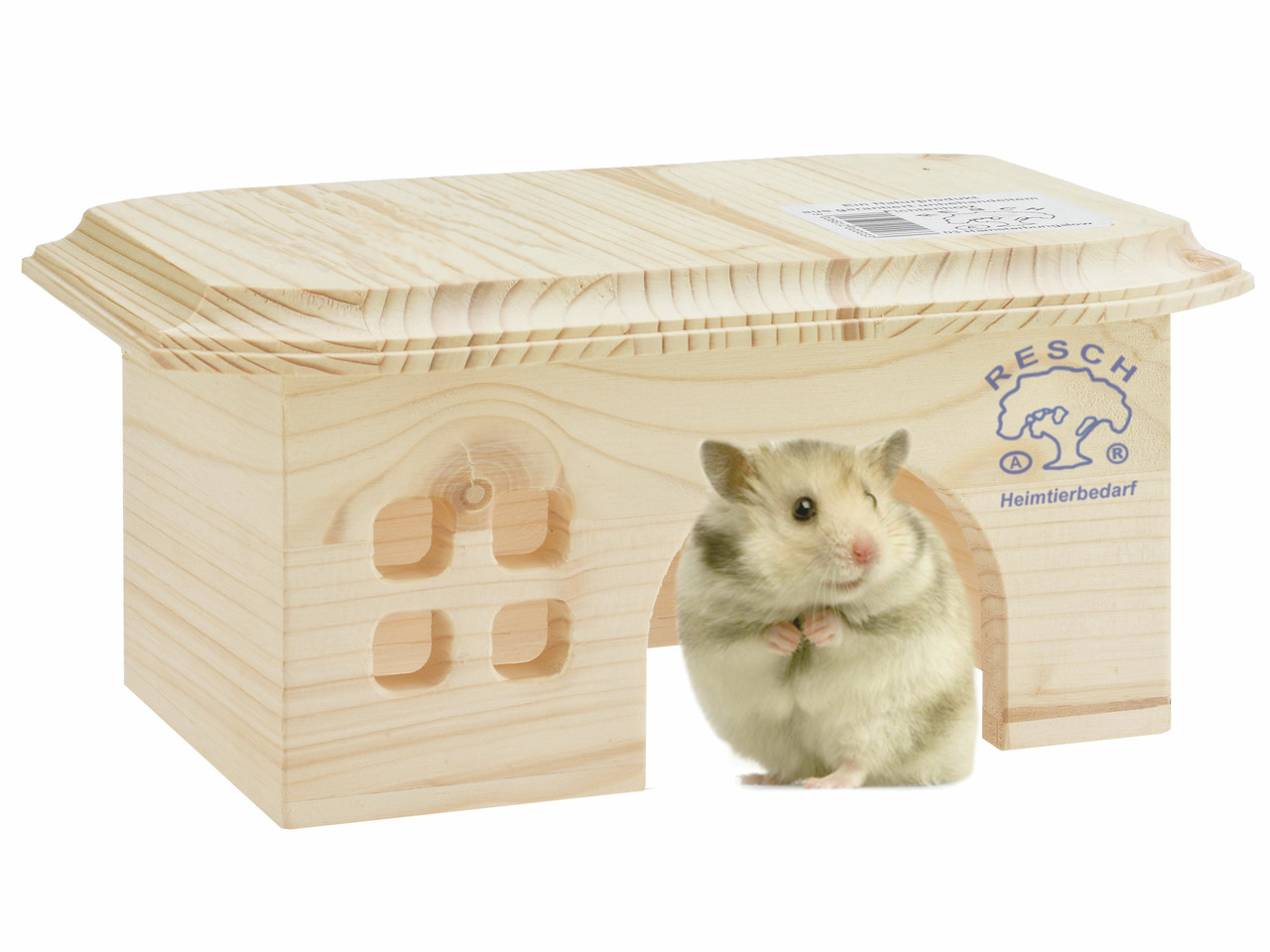 Resch Heimtierbedarf Hamsterhaus, für Kleintiere, unbehandeltes Holz, flaches Dach, dekorative Ausschnitte, robust, sicher.