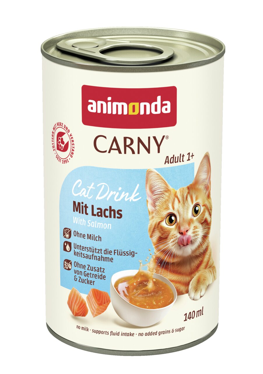 Animonda Carny Cat Drink mit Lachs, für ausgewachsene Katzen, unterstützt Flüssigkeitsaufnahme, 140 ml, ohne Getreide und Zucker.