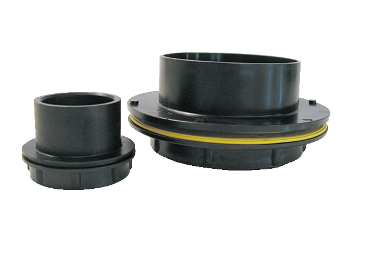 2 schwarze Kunststoff-Fittings von EFFAST, zylindrisch mit Gewinde & Dichtungen (1 gelb). Geeignet für industrielle Rohrverbindungen.