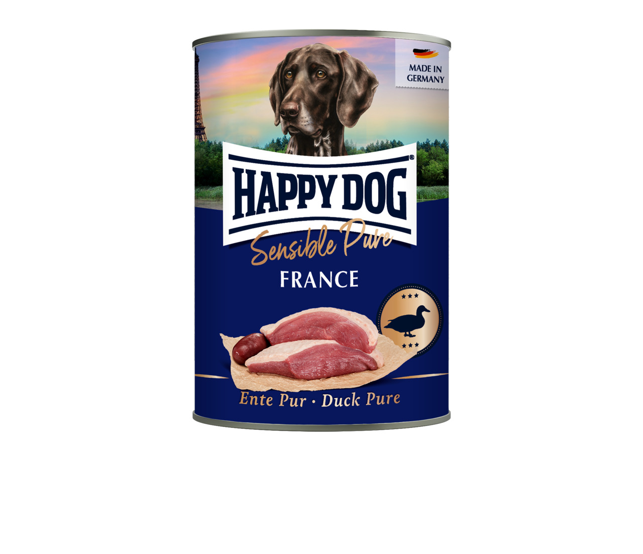 Das Bild zeigt eine Dose Hundefutter der Marke "HAPPY DOG" aus der Produktlinie "Sensible Pure" mit der Geschmacksrichtung Ente. Die Zielgruppe sind Hunde, insbesondere ernährungssensible Tiere. Auf der Dose steht "Made in Germany". Die Menge beträgt 400 