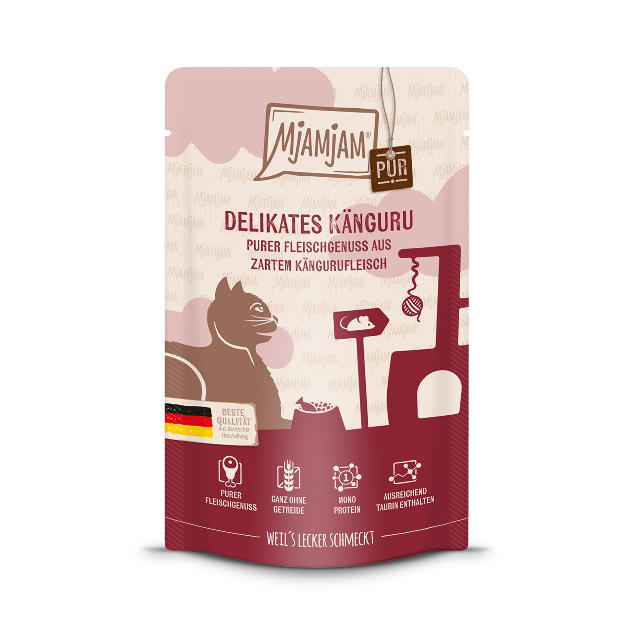 Mjamjam Pur – Delikates Känguru: Nassfutter f. Katzen, Känguru, getreidefrei, proteinreich, Taurin, 400g, „Beste Qualität aus DE“.