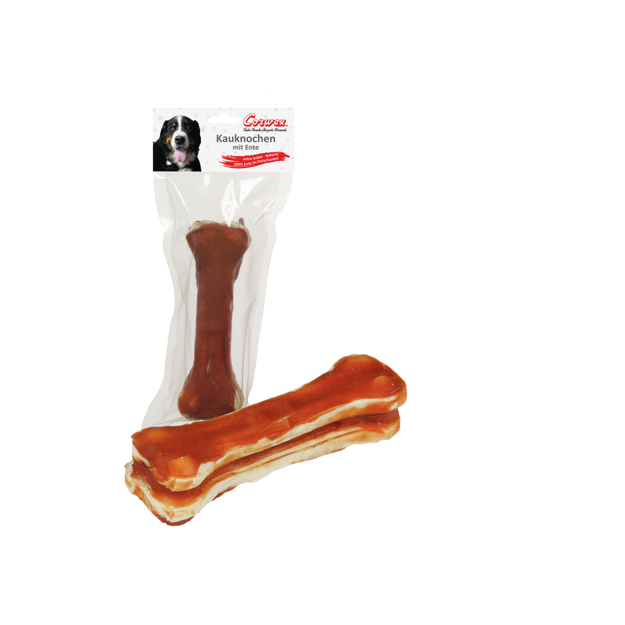 Corwex Kaukknochen Ente, Kauspielzeug f. Hunde, fördert Zahnpflege, schmackhafte Beschäftigung, in transparenter Verpackung.