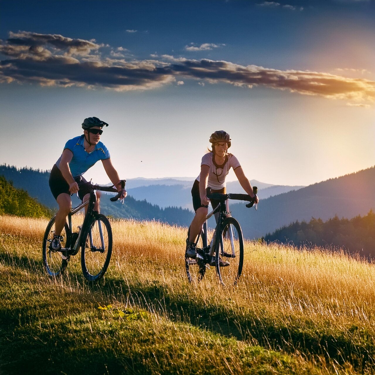 Zwei Radfahrer fahren bei Sonnenuntergang über eine Wiese in hügeliger Landschaft mit Bergen und Wolkenhimmel.