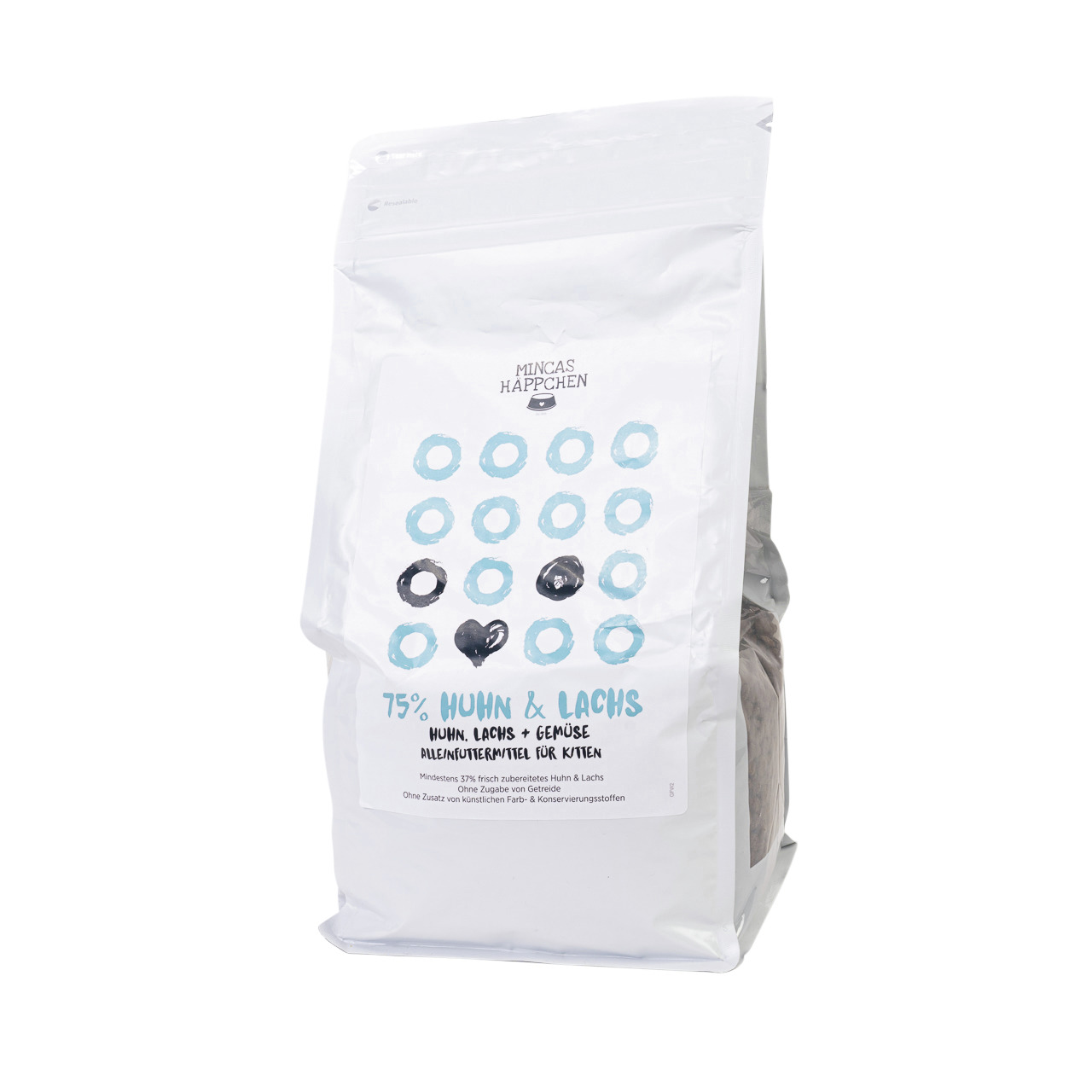 MINCAS HÄPPCHEN Katzenfutter Huhn & Lachs, für Katzen, mind. 75 % Huhn & Lachs, mit Gemüse, 125 g, minimalistisches Design.