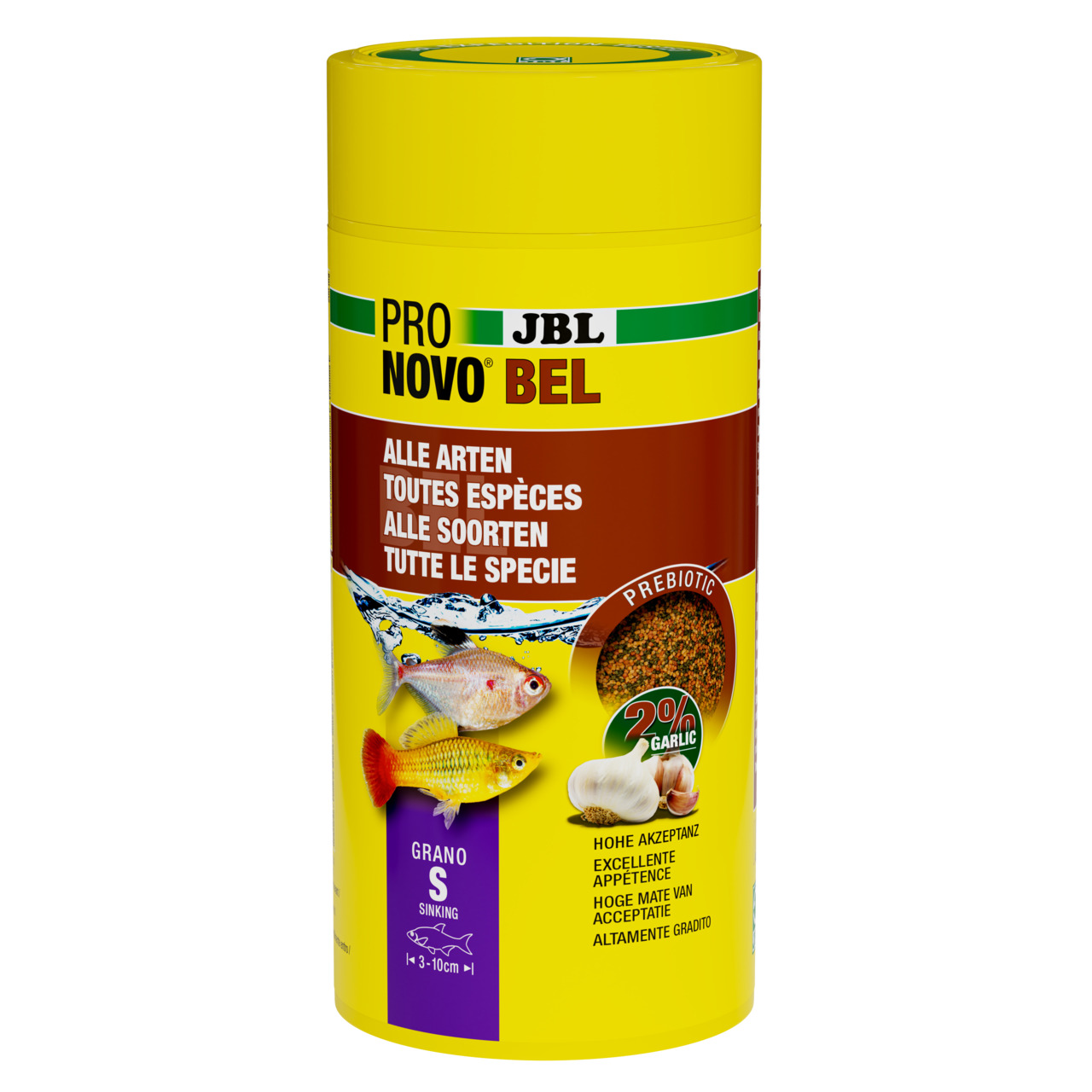 Das Bild zeigt eine gelbe Dose des Fischfutters „JBL ProNovo Bel Grano S“. Dieses Produkt ist für alle Fischarten geeignet und speziell für Fische mit einer Größe von 3 bis 10 cm konzipiert. Es enthält 2 % Knoblauch und bietet eine hohe Akzeptanz. Die Ver