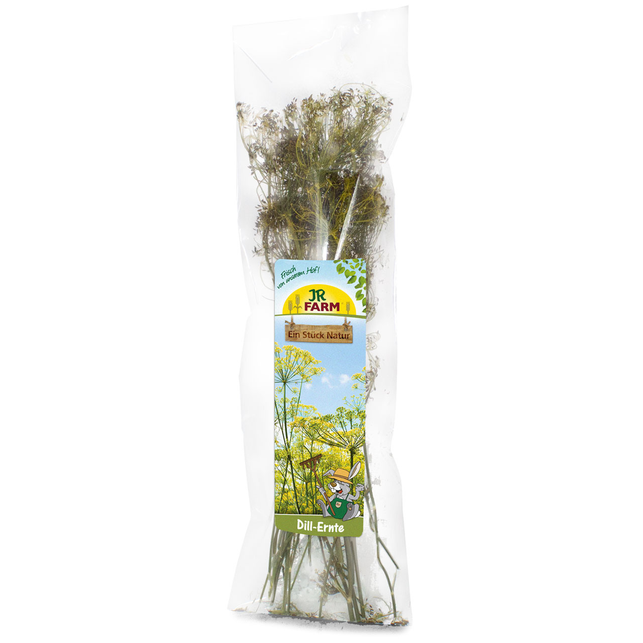 Das Bild zeigt das Produkt "JR FARM Dill-Ernte", eine natürliche Leckerei für Kleintiere wie Kaninchen, Meerschweinchen und andere Nager. Die Verpackung enthält getrockneten Dill, der reich an Vitaminen und Ballaststoffen ist. Die Menge ist deutlich sicht