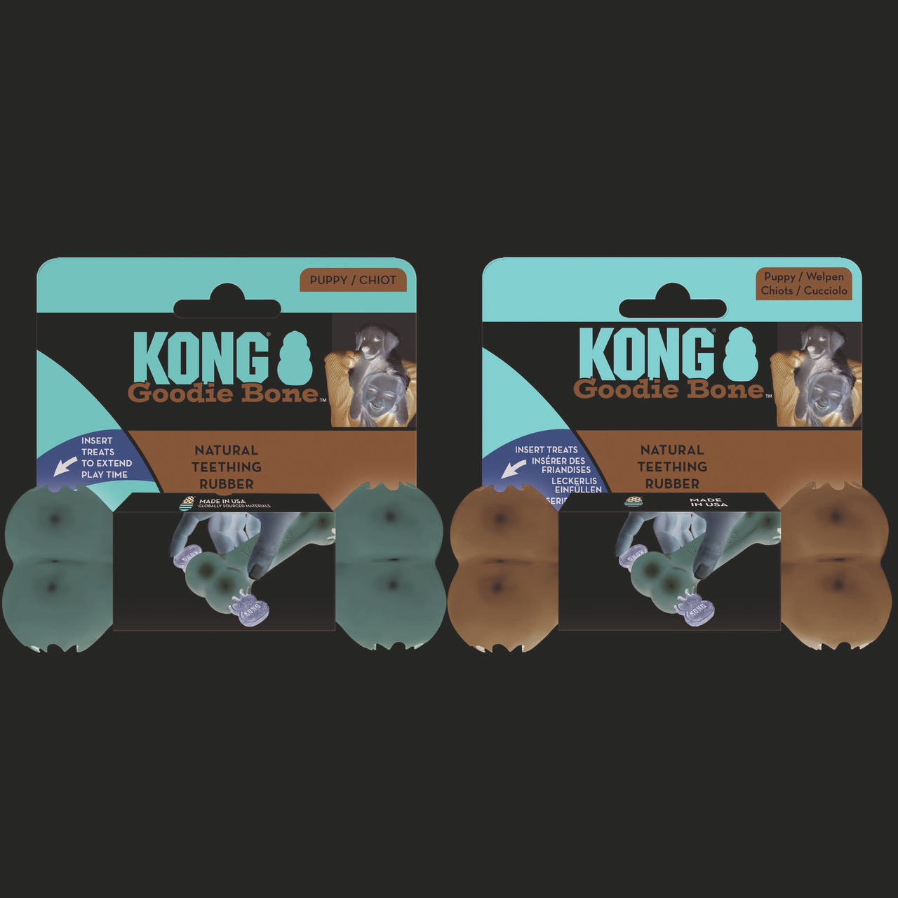 KONG Goodie Bone für Welpen, Kaustick aus Gummi, Zahnpflege, befüllbar mit Leckerlis, 2 Farben: Braun & Türkis.