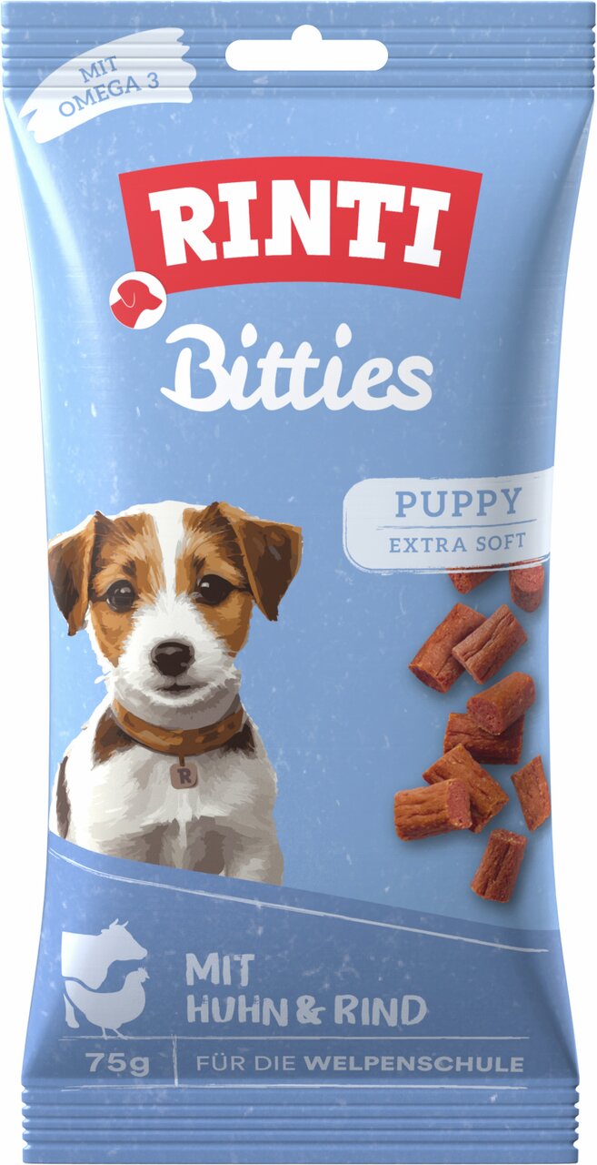 RINTI Bitties Puppy Extra Soft, 75 g, weiche Snacks für Welpen, Huhn & Rind, mit Omega 3, leicht kaubar, gut verdaulich, ideal für Training.