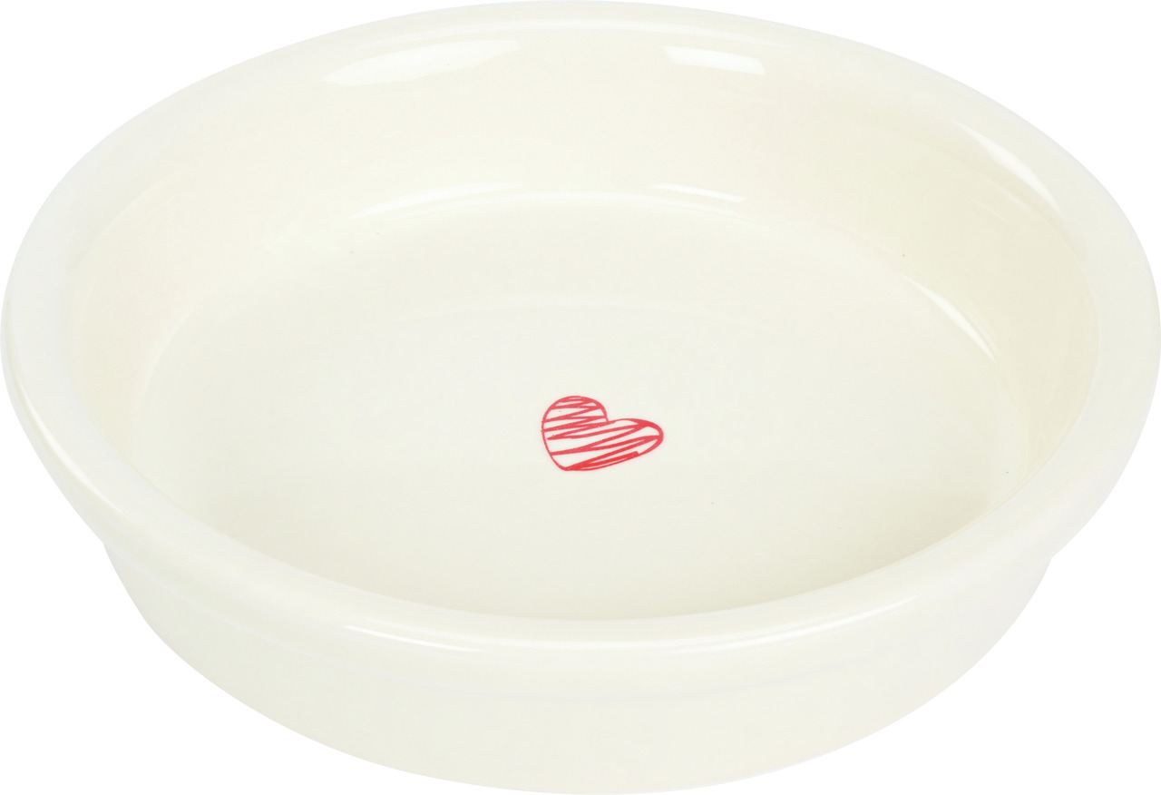 AniOne Keramiknapf, Hunde & Katzen, creme mit rotem Herz, robust, ideal für Wasser/Futter, 300 ml Fassungsvermögen.