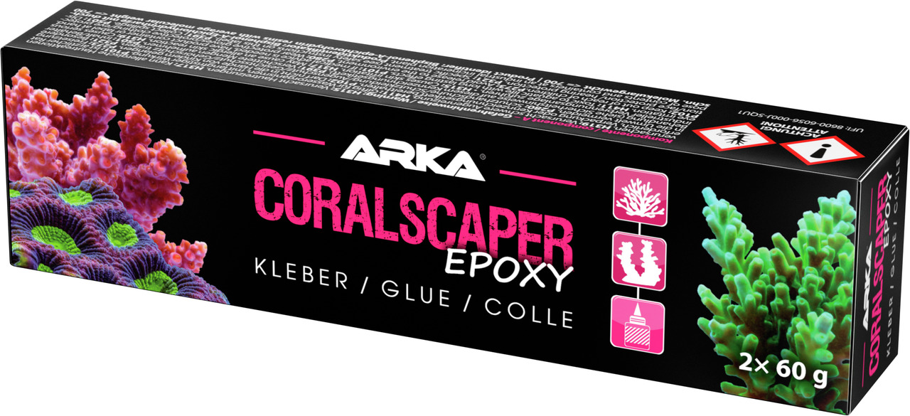 ARKA Coralscaper Epoxy Kleber, für Aquarienbesitzer, Korallenbefestigung, 2x60 g, bunte Korallen auf Verpackung.