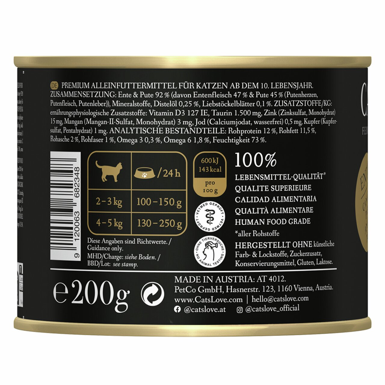 Premium-Katzenfutter Cat's Love für Katzen ab 10 Jahren, Ente & Pute, 200g, ohne künstliche Zusatzstoffe, lebensmitteltauglich.