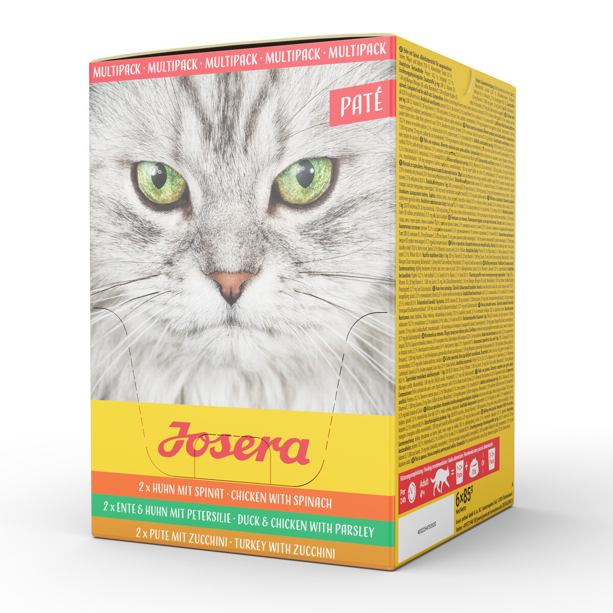 Josera Filet Multipack Katzenfutter, 6x70g, Huhn, Huhn+Ente, Huhn+Lachs, für Katzen, hochwertige Zutaten, schwarze Katze abgebildet.