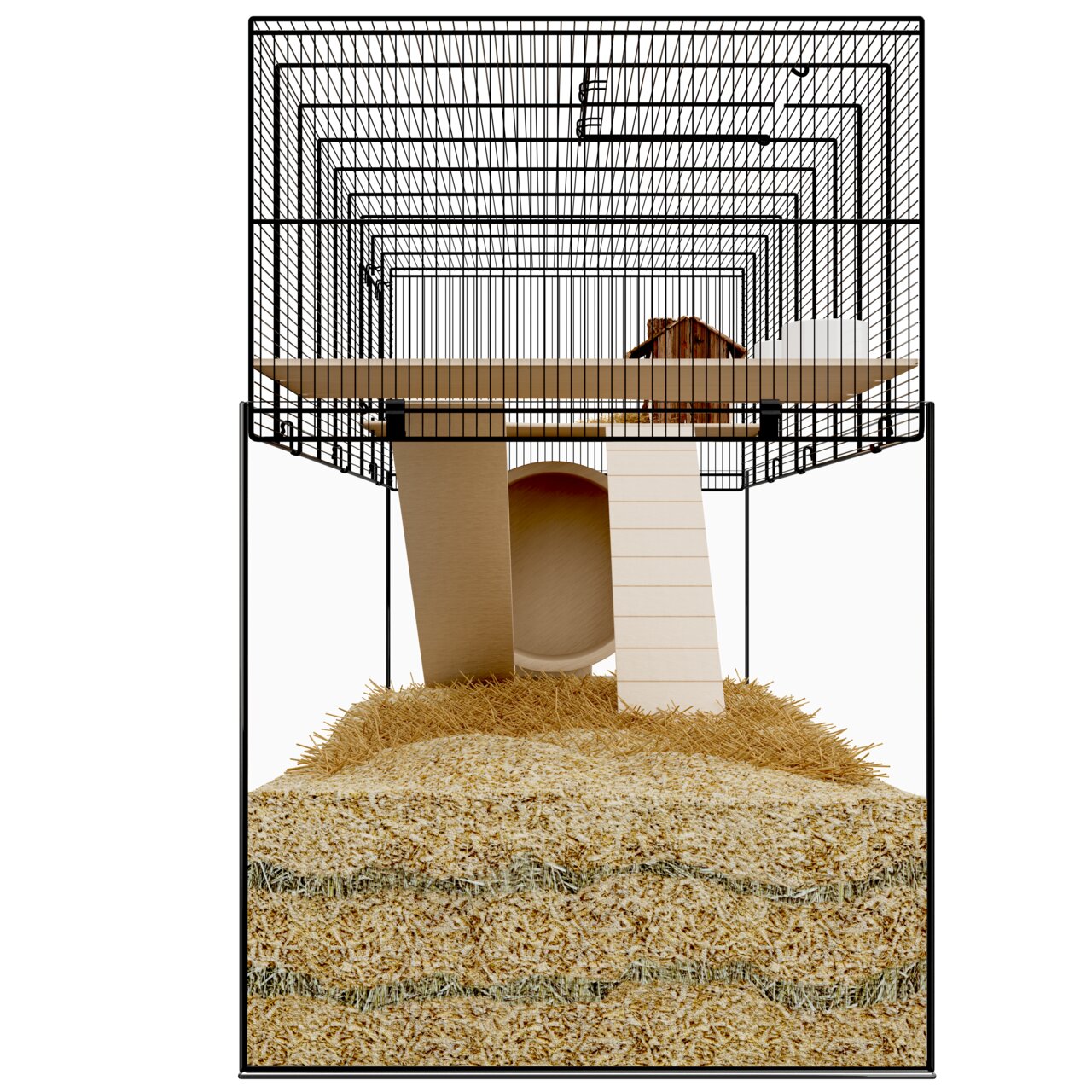 Allpets Kleintierkäfig, für Hamster-Mäuse, Metallgitter, Holzplattform+Rampe, Häuschen, Holzspäne, artgerecht, EAN: 4251127255460.
