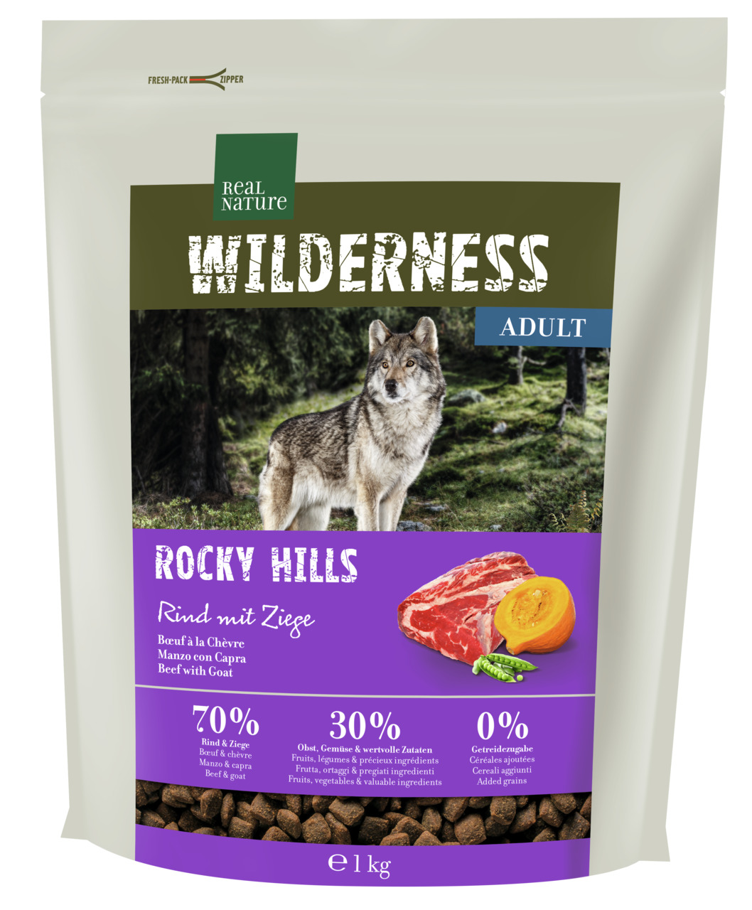 REAL NATURE WILDERNESS Rocky Hills, Adult-Hunde, Rind+Ziege, 70% Fleisch, 30% Obst+Gemüse, getreidefrei, 1 kg.