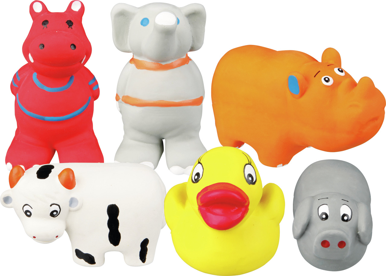 TRIXIE Spielzeug-Set für Hunde, 6 bunte Latex-Tierfiguren: Nilpferd, Elefant, Kuh, Ente, Schwein. Fördert Zahnpflege, für alle Hundegrößen.