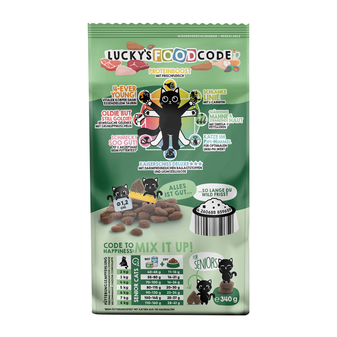 Lucky Lou Lucky’s Food Code, 340 g Trockenfutter, frisches Fleisch, Seniorenkatzen, Proteinboost, Beweglichkeit, Fell, Haut.