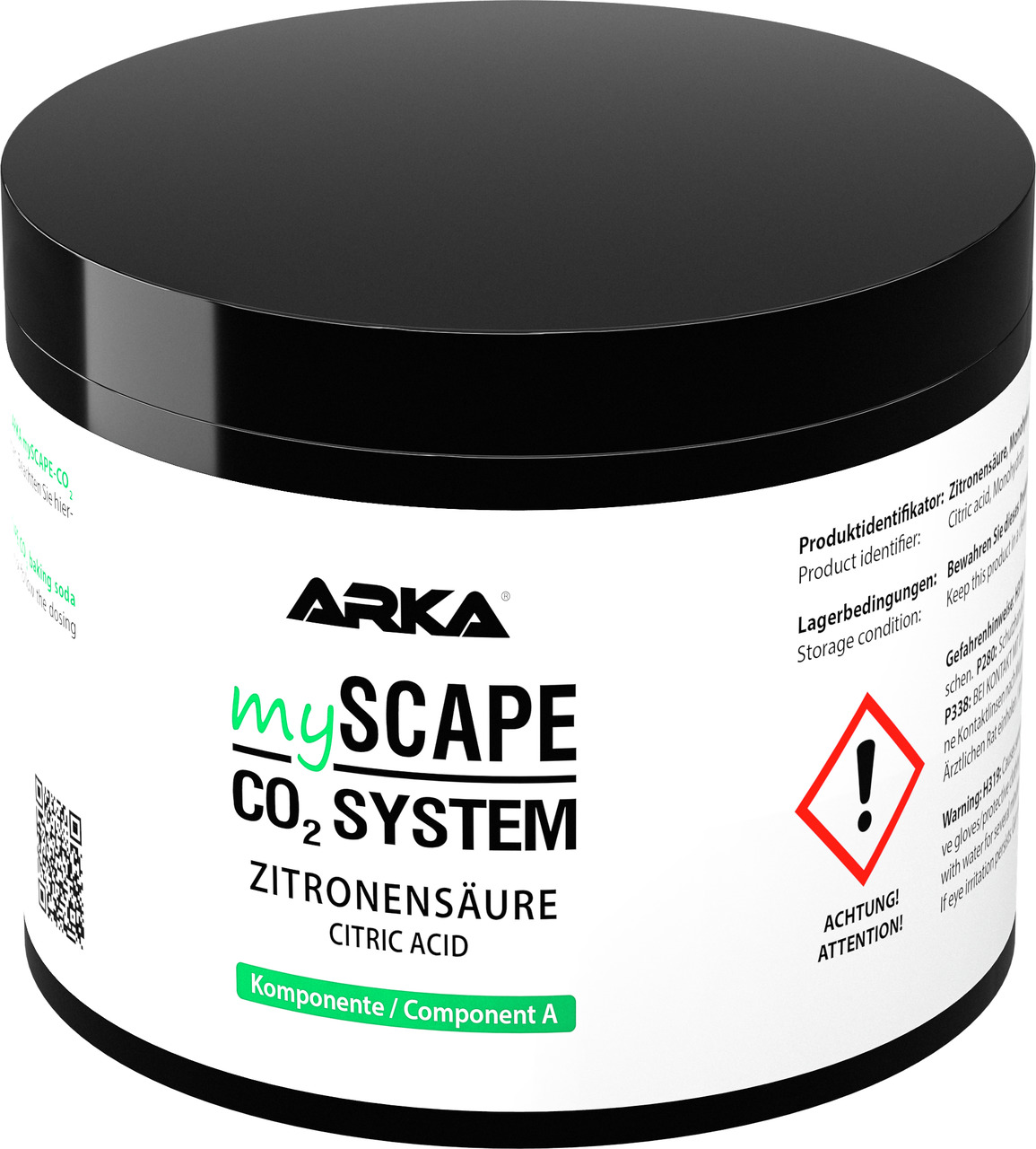 Das Bild zeigt eine weiße Kunststoffdose mit schwarzem Deckel der Marke ARKA. Auf der Vorderseite steht „myScape CO2 System Zitronensäure – Komponente A“. Es handelt sich um Zitronensäure für Aquarien, die als Teil eines CO2-Systems verwendet wird. Die Ve