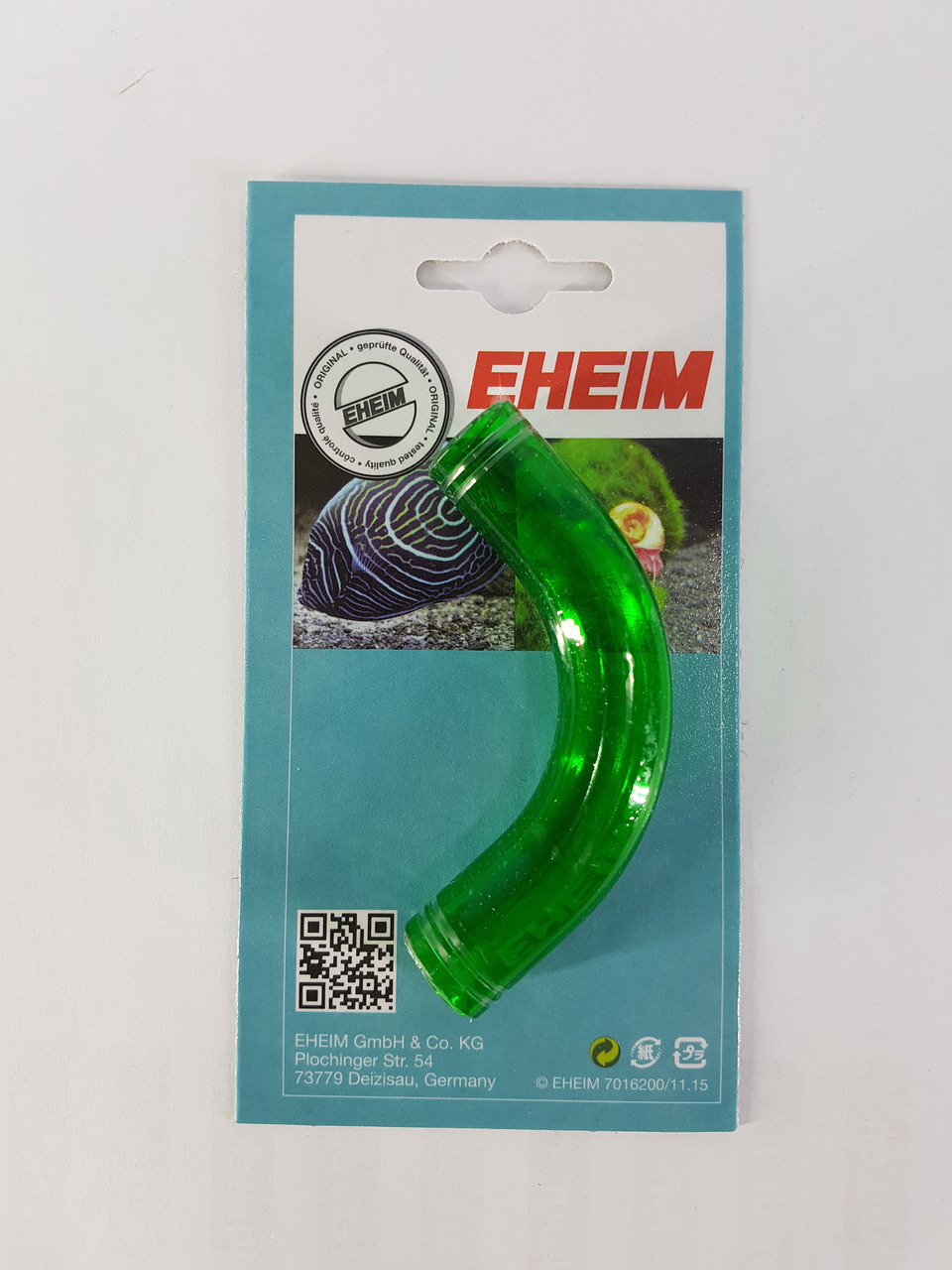 EHEIM Kunststoffrohr, transparent-grün, gebogen, für Aquarienbesitzer, Zubehör für Filtersysteme, mit EHEIM-Logo, QR-Code.
