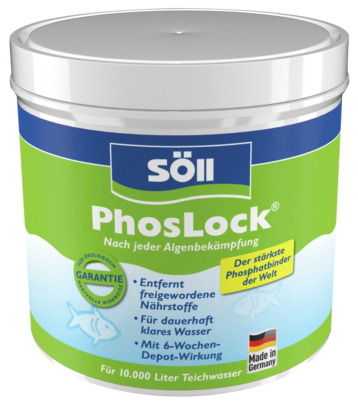 Söll PhosLock, Phosphatbinder für Teichwasser, 10.000 L, klares Wasser, 6-Wochen-Wirkung, stärkster Phosphatbinder, Made in Germany.