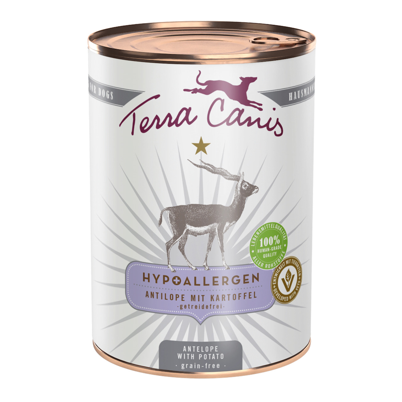Terra Canis Hypoallergen Hundefutter, Antilope+Kartoffel, 400 g, getreidefrei, für empfindl. Hunde, 100 % Human-Grade-Qualität.