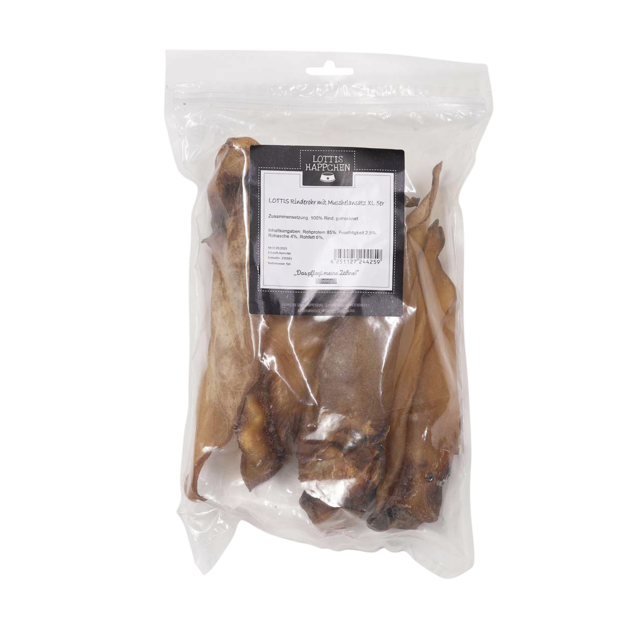 LOTTIS Rinderohren mit Muschelextrakt XL, Kauartikel für Hunde, 100 % Rind, reich an natürlichen Inhaltsstoffen, 500 g.