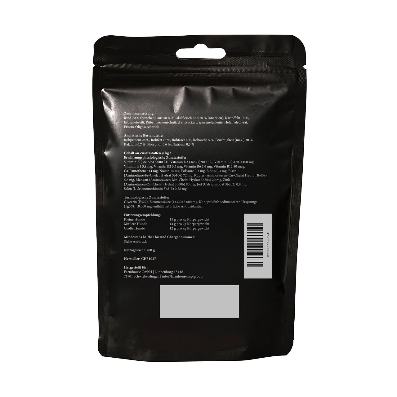 LOTTIS HÄPPCHEN Hundesnack Rind für Hunde, mit Rind und Kartoffel, getreidefrei, Rückseite der 200-g-Packung mit Fütterungshinweisen