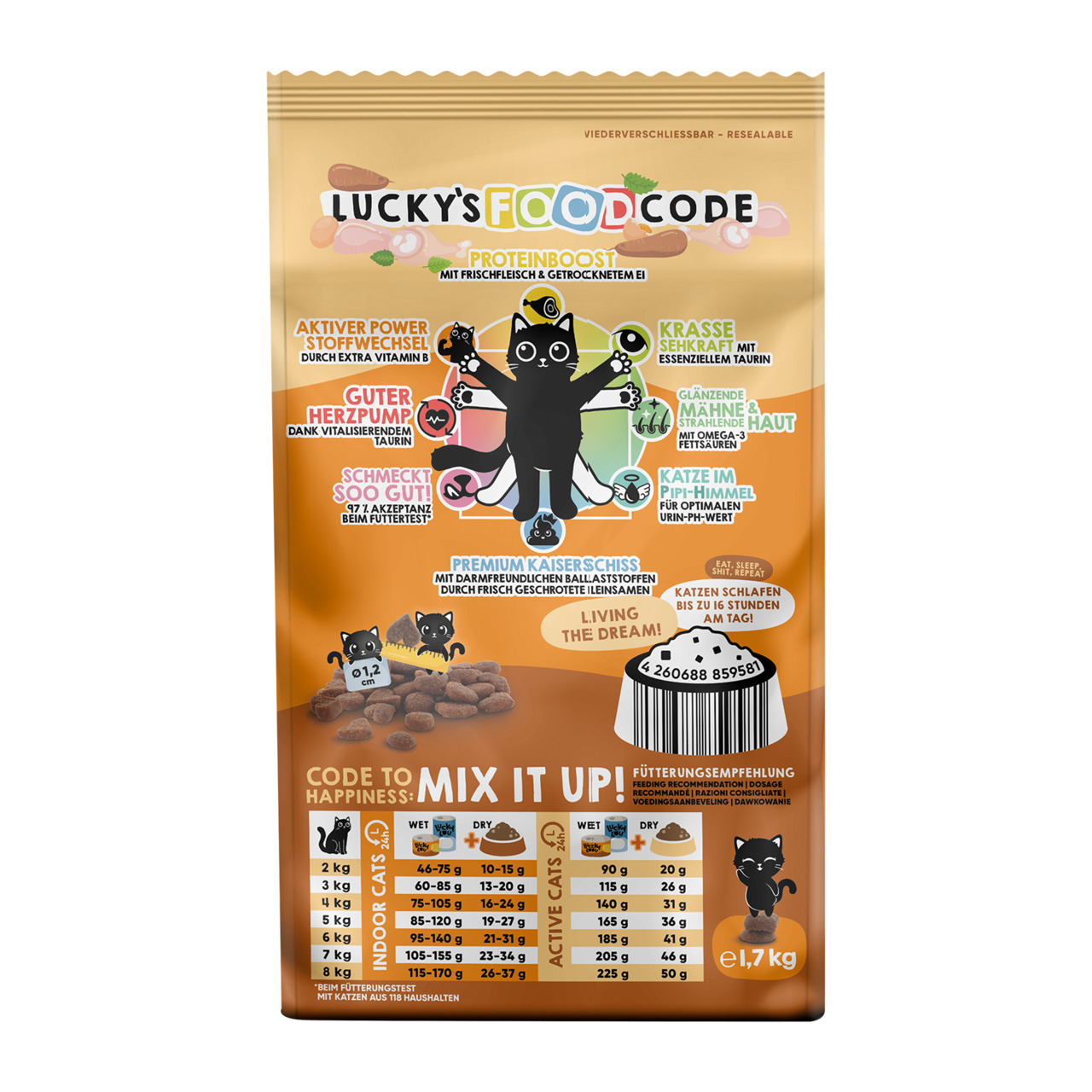 Das Bild zeigt eine Verpackung des Katzenfutters „Lucky's Foodcode“ mit der EAN 4260688859581. Es handelt sich um ein Trockenfutter für Katzen mit einem Gewicht von 1,7 kg. Die Zielgruppe sind Hauskatzen und aktive Katzen. Das Produkt enthält frisches Fle