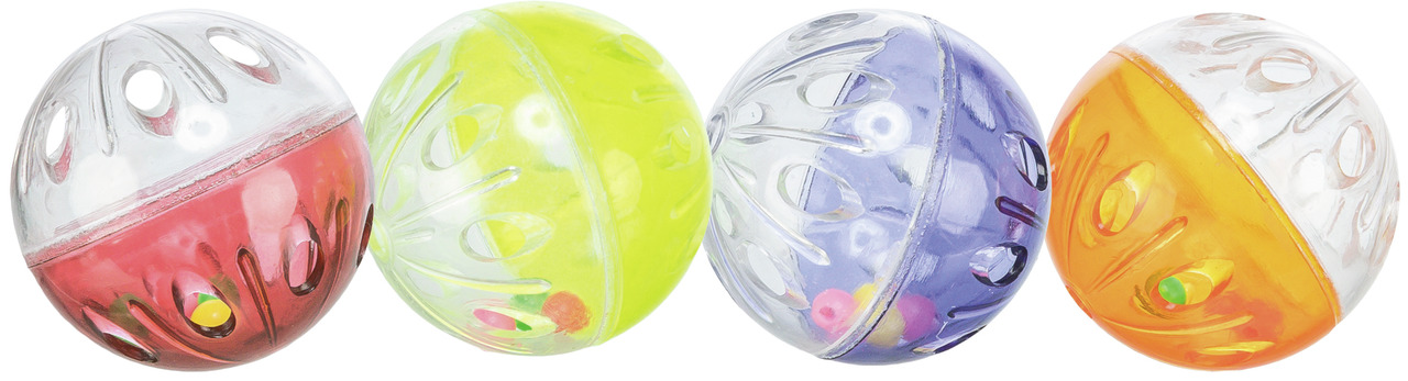 TRIXIE Spielbälle für Katzen, 4 Stk., bunt (Rot, Gelb, Blau, Orange), mit Rasseln, fördern Spieltrieb, ideal für Katzen jeden Alters.