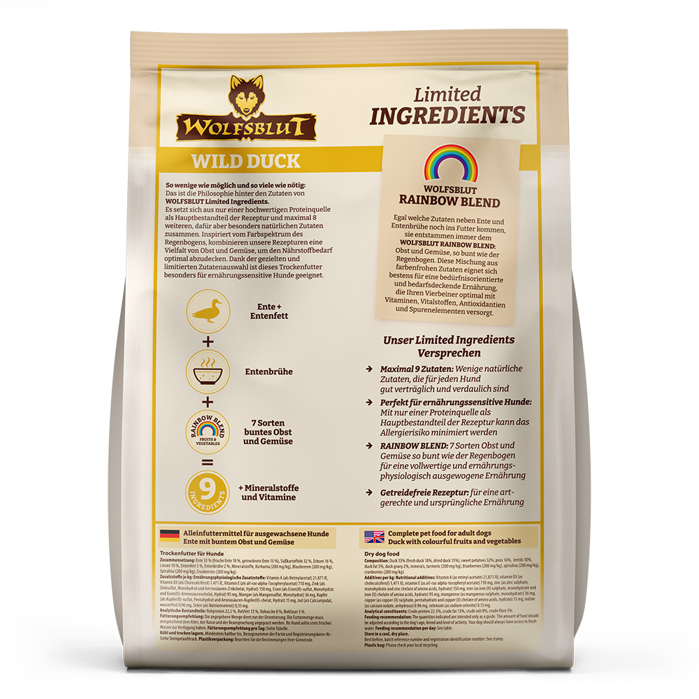 WOLFSBLUT Wild Duck Hundefutter, Ente mit Obst & Gemüse, getreidefrei, für erwachsene Hunde, 12 Zutaten, 125g.