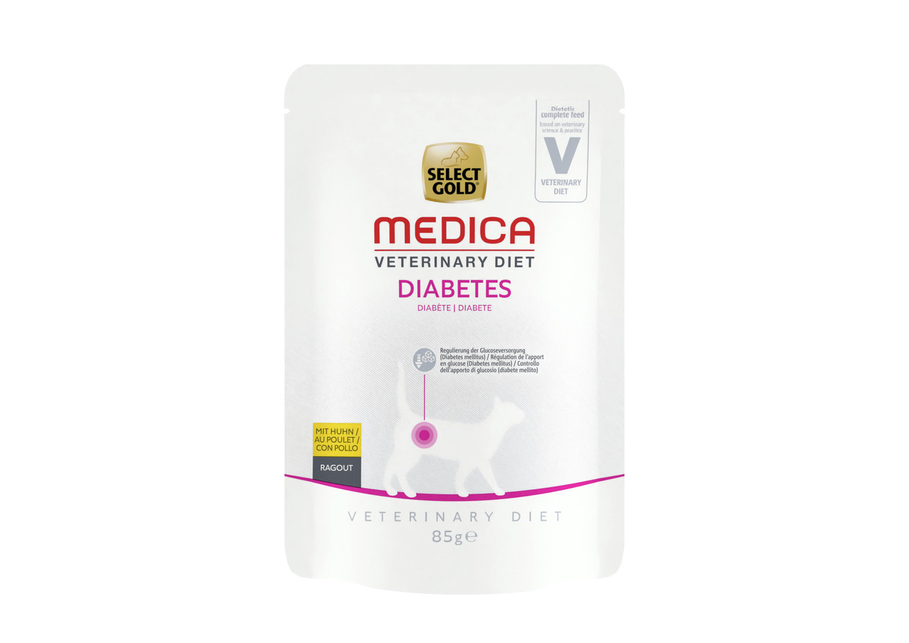 Select Gold Medica Vet. Diet Diabetes für Katzen, Huhn (Ragout), diätetisches Alleinfutter bei Diabetes, 85 g.
