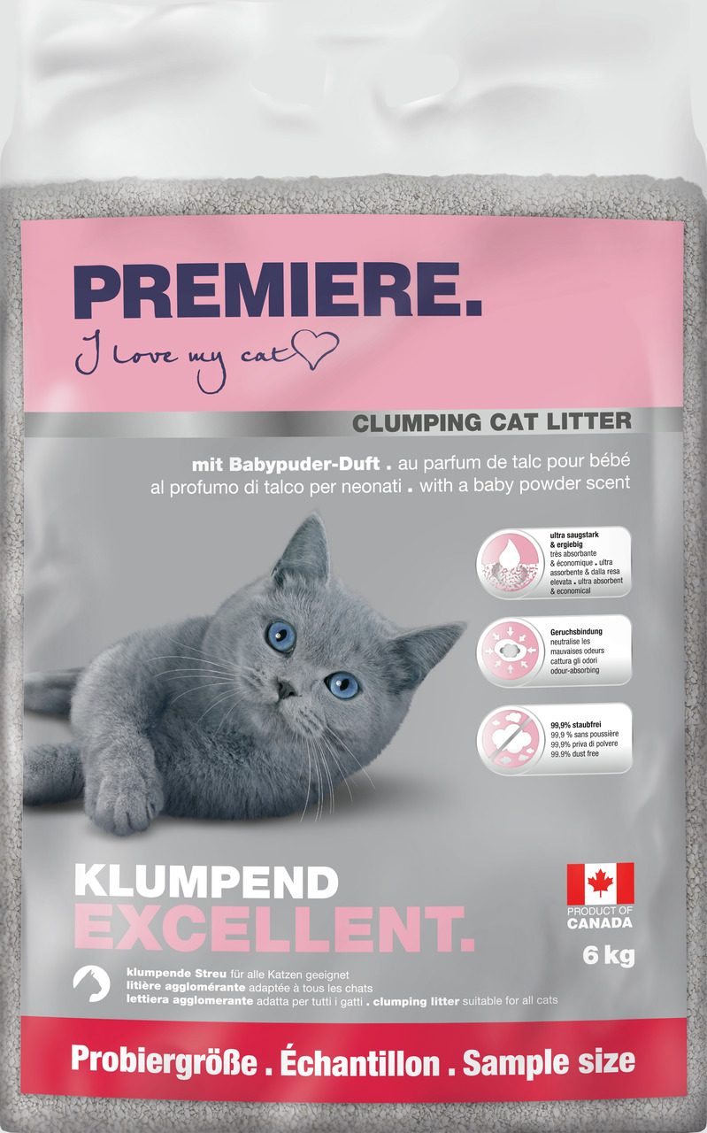 PREMIERE Klumpend Excellent Katzenstreu, Babypuder-Duft, ultra saugstark, 99,9 % staubfrei, 6 kg, für alle Katzen.