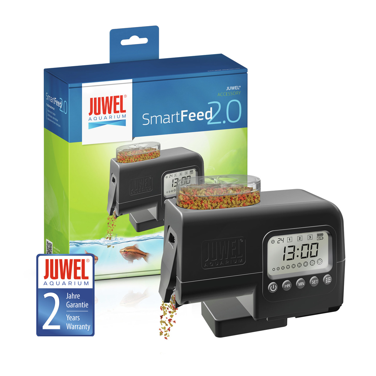 Das Bild zeigt den JUWEL SmartFeed 2.0, einen automatischen Futterautomaten für Aquarien. Zielgruppe sind Aquarienbesitzer, die eine präzise und zuverlässige Fütterung ihrer Fische wünschen. Der Futterautomat bietet eine digitale Steuerung, ein modernes D