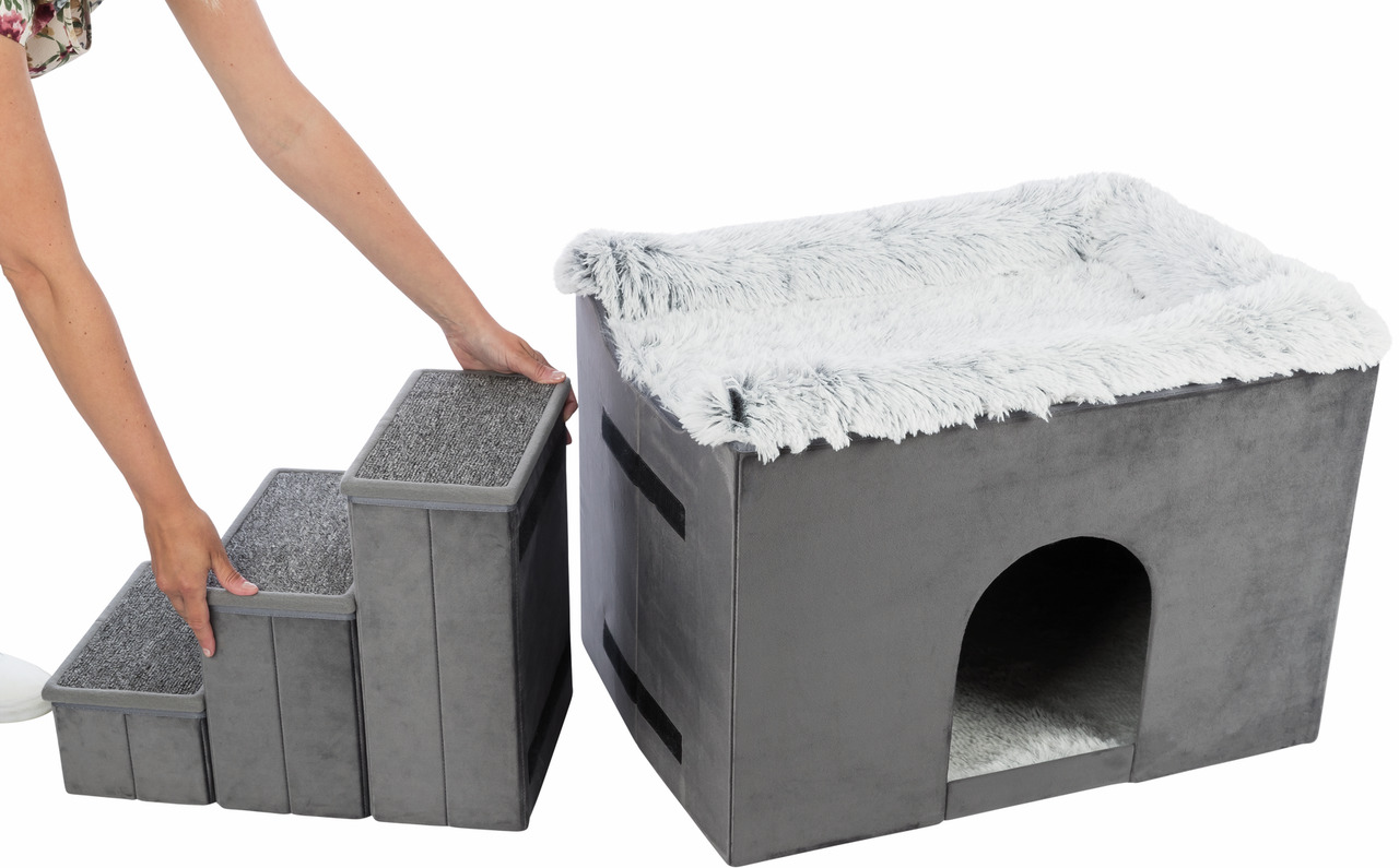 TRIXIE Kuschelhöhlen-Set, grau, für kleine Hunde-Katzen, mit Plüschbezug & faltbarer Treppe (rutschfest). Komfort & Sicherheit.