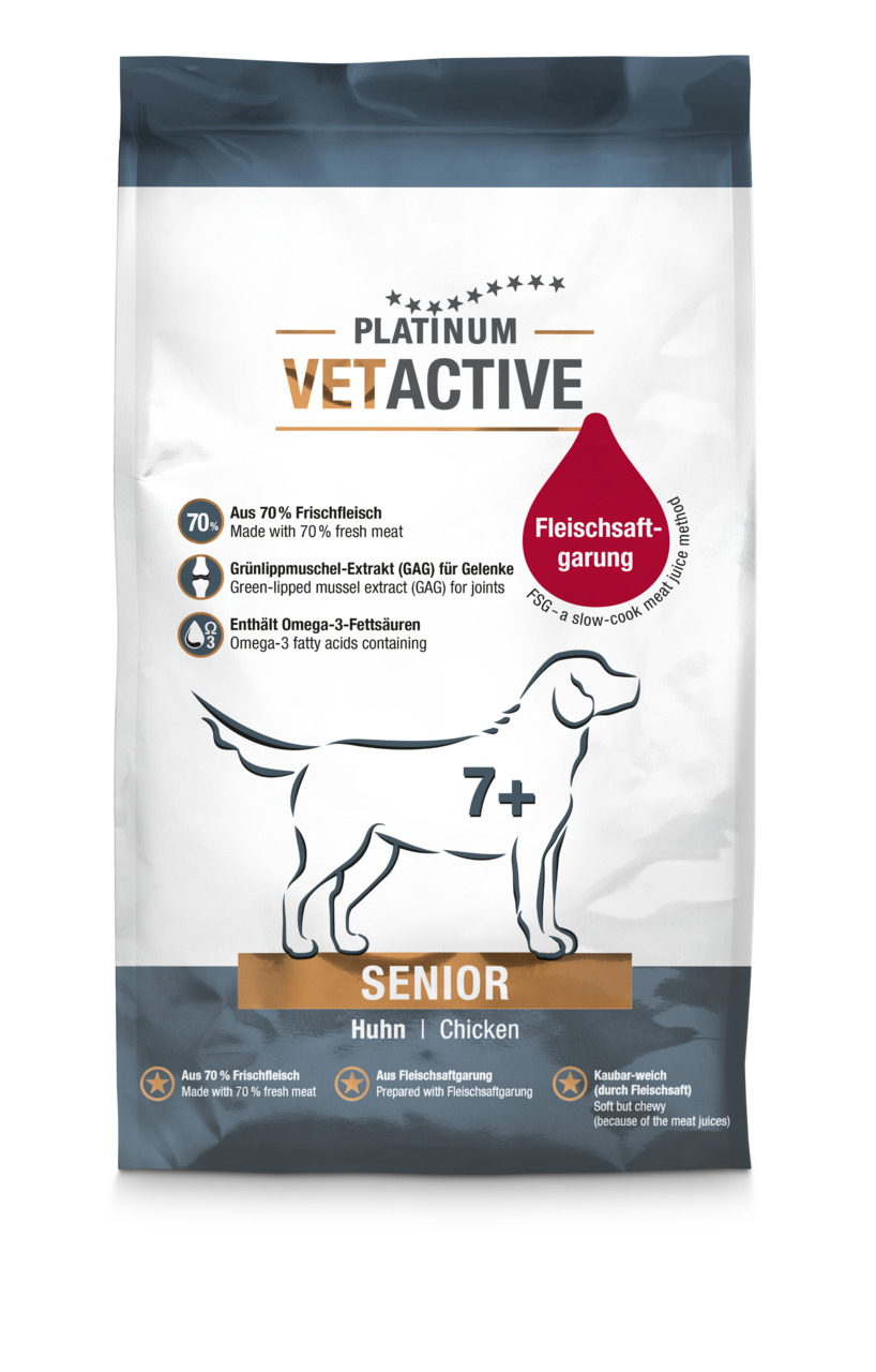 PLATINUM VETACTIVE Senior Huhn, für Hunde ab 7 J., 70 % Frischfleisch, Grünlippmuschel, Omega-3, kaubar-weich, Fleischsaftgarung.