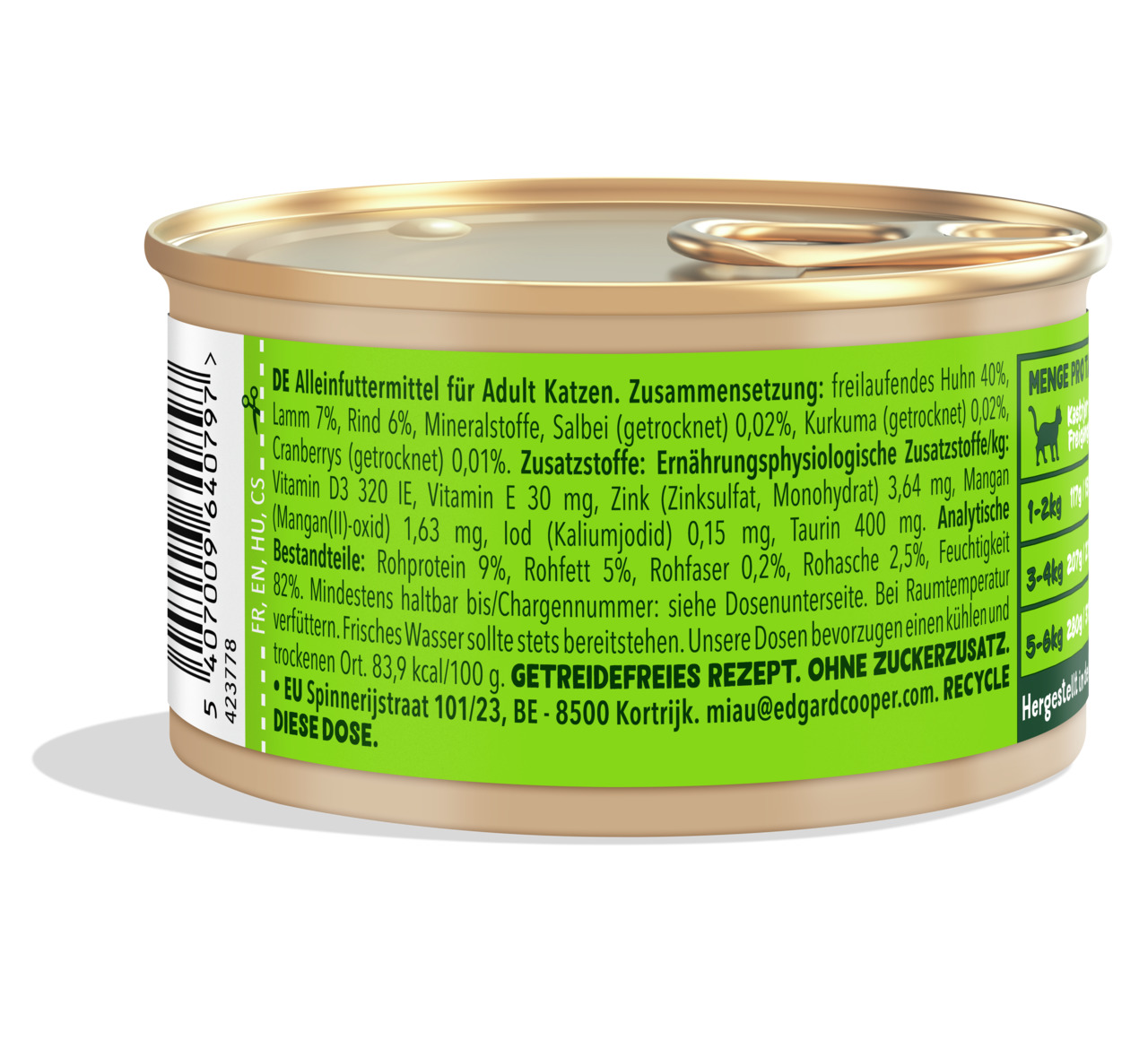 Edgard & Cooper Katzenfutter, 85 g, Huhn-Lamm-Rind, getreidefrei, ohne Zuckerzusatz, für ausgewachsene Katzen.