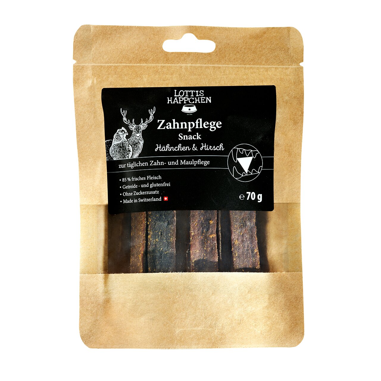 LOTTIS HÄPPCHEN Zahnpflege Snack für Hunde, Geschmacksrichtung Hähnchen & Hirsch, 70 g, getreide- und glutenfrei, Made in Switzerland.