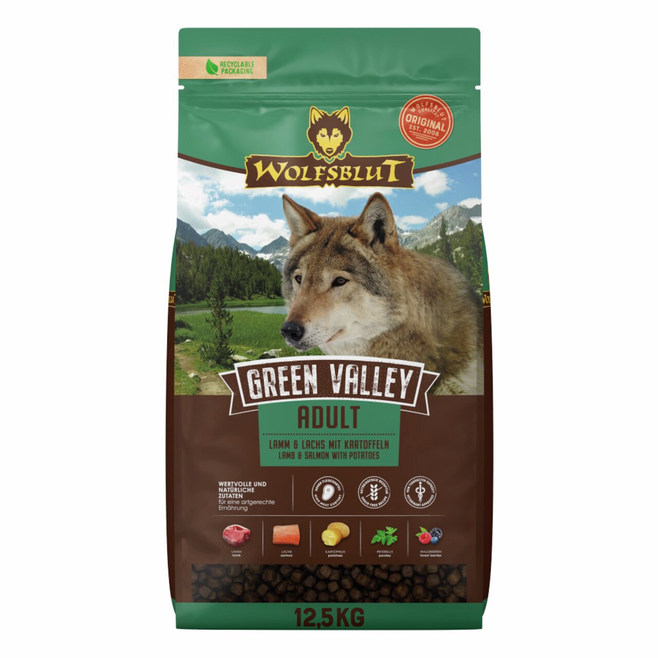 WOLFSBLUT Green Valley Adult Hundefutter für adulte Hunde, Lamm & Lachs mit Kartoffeln, 12,5 kg, natürliche Zutaten.