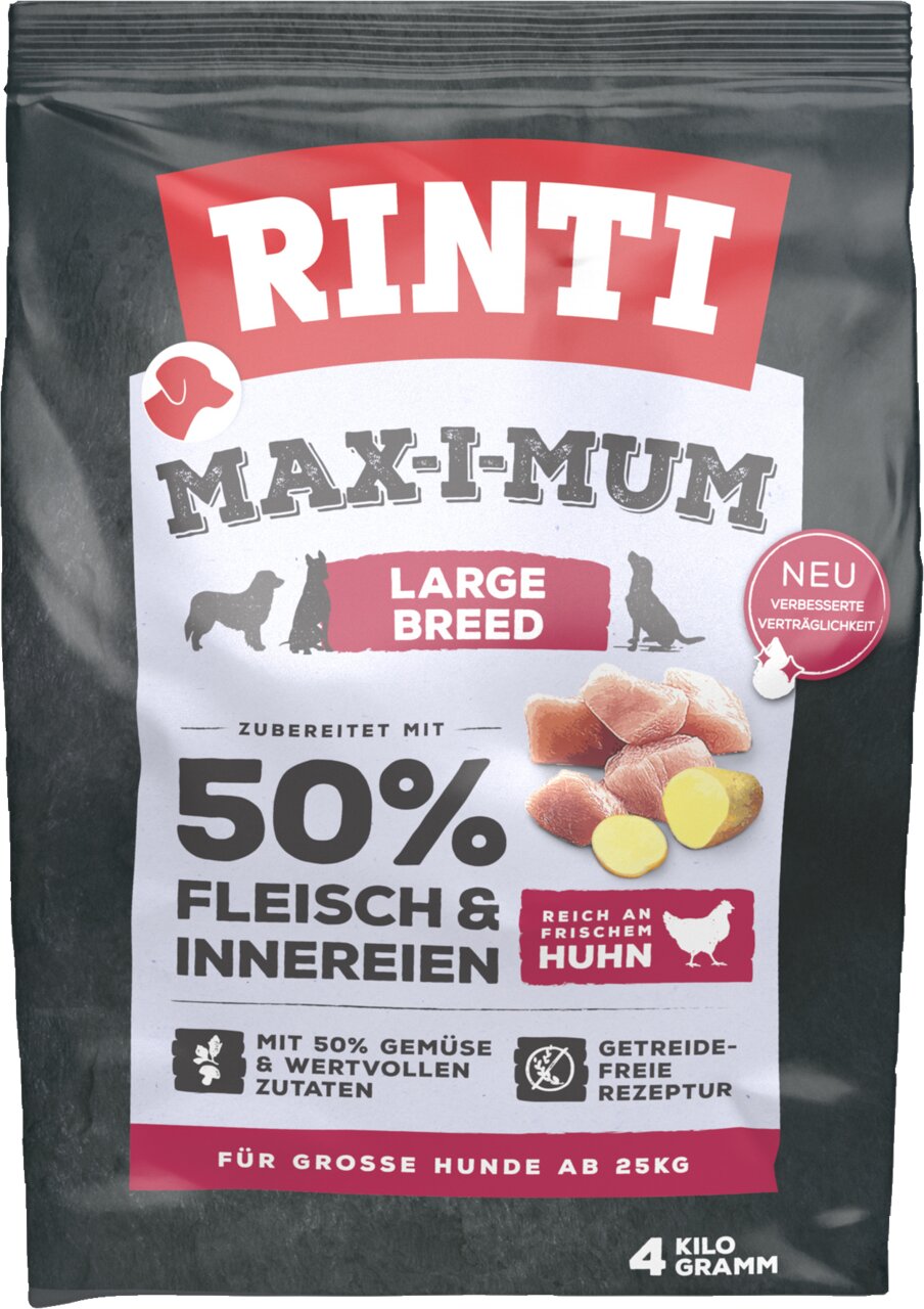 RINTI Max-I-Mum Large Breed Hundefutter für große Hunde, Huhn, getreidefrei, 4 kg, 50 % Fleisch & Innereien, mit Gemüse.