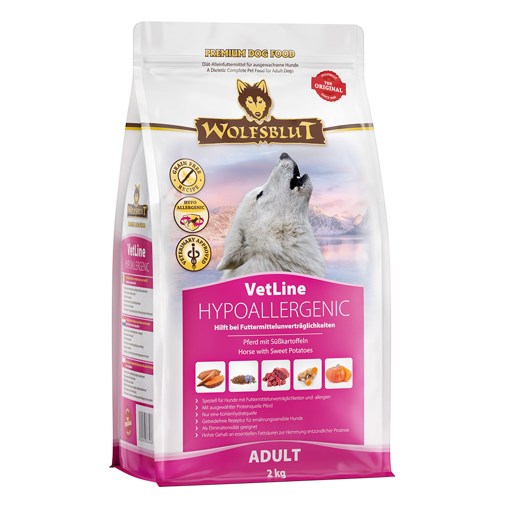 WOLFSBLUT VetLine Hypoallergenic, 2 kg, für erw. Hunde, Pferd+Süßkartoffeln, getreidefrei, bei Unverträglichkeiten, verdauungsfördernd.