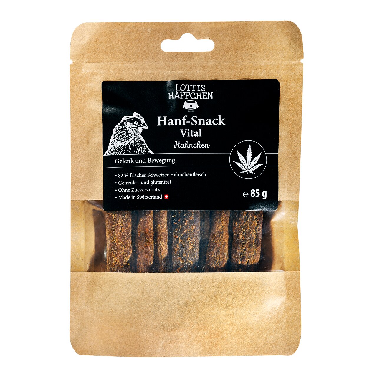 LOTTIS HÄPPCHEN Hanf-Snack Vital Hähnchen für Hunde, 85 g. Getreidefrei, 82 % Schweizer Hähnchenfleisch, für Gelenke und Bewegung.