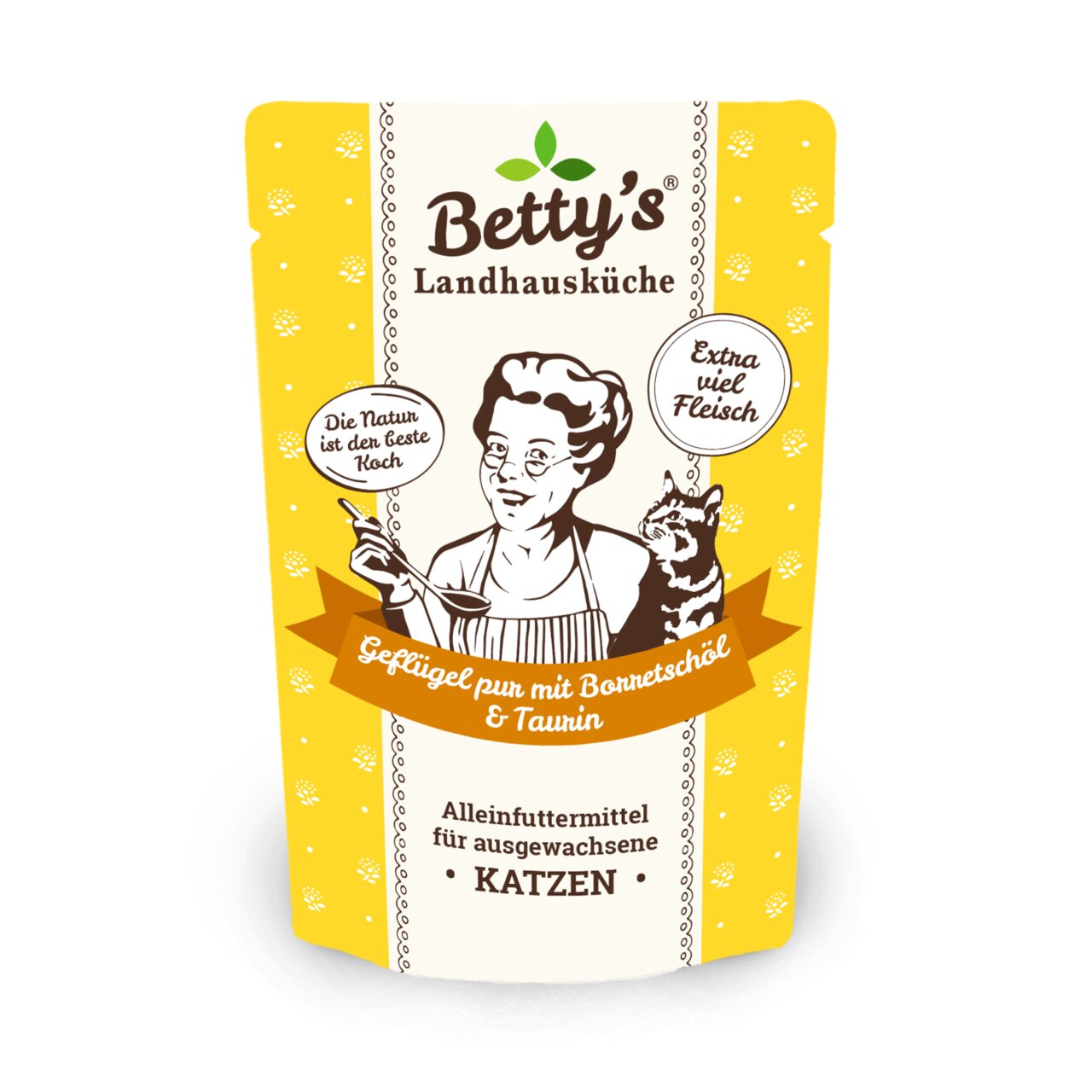 Betty’s Landhausküche Katzenfutter, Geflügel pur mit Borretschöl & Taurin, für ausgewachsene Katzen, extra viel Fleisch.
