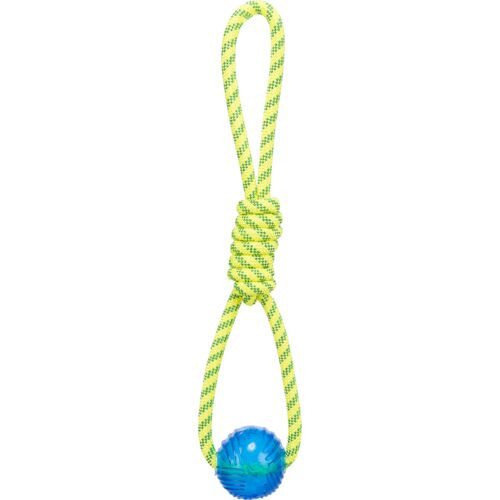 Das Bild zeigt ein Hundespielzeug der Marke TRIXIE, bestehend aus einem robusten gelb-grünen Seil mit Knoten und einem blauen, strukturierten Ball aus Kunststoff am Ende. Es ist für Hunde aller Größen geeignet und dient zum Apportieren und Kauen. EAN: 401