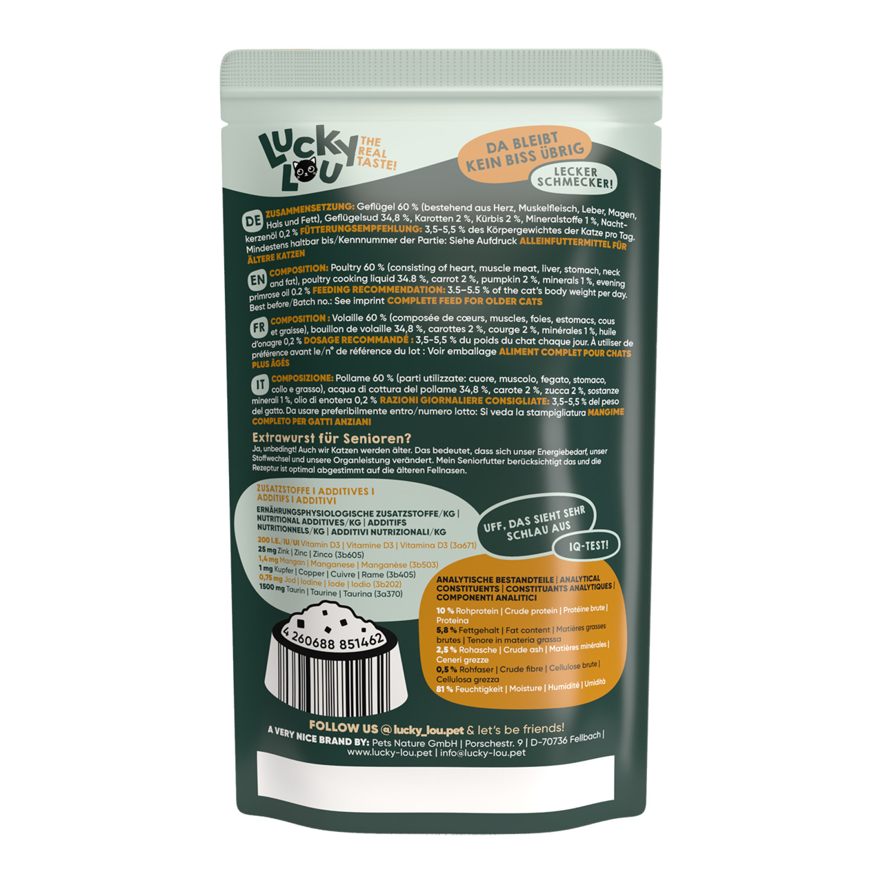 Lucky Lou – The Real Taste, Alleinfutter f. ältere Katzen, Geflügel (60 %), Karotten, Kürbis, Infos zu Inhalt & Fütterung.